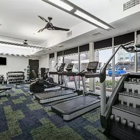This image features a spacious apartment fitness center equipped with cardio machines, weight training equipment, and modern flooring. Large windows fill the gym with natural light and provide views of the surrounding cityscape, creating a bright and motivating workout environment