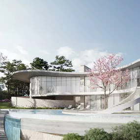 Luxury curved hillside home with glass walls and pool terrace in Poole.