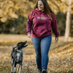 Martin Rütter Hundeschule Mainz / Bad Kreuznach Hundetraining in Bewegung. Der Hund läuft aufmerksam neben der Trainerin – perfektes Beispiel für Leinenführigkeit und Kommunikation.