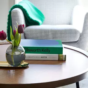 Coffee Table and Comfy Chair in Living Room at Sentral East Austin at 1630 E. 6th