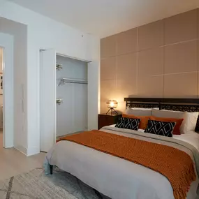 Bedroom and bathroom at Sentral DTLA at 755 S. Spring