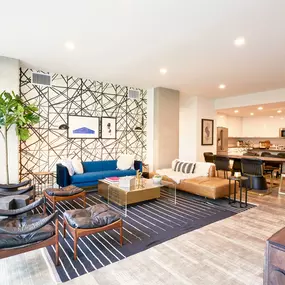 Living room and kitchen at Sentral DTLA at 732 S. Spring