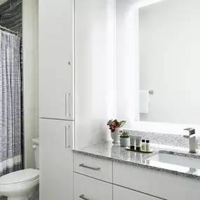 Bathroom Vanity with Large Mirror at Sentral East Austin at 1614 E. 6th