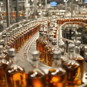 Flaschen auf einem modernen Förderband bei LiquidVisions in Endingen bei Freiburg.