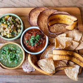Trio of House-made Salsas with plantain and malanga chips
