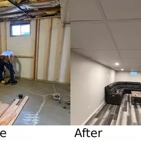 Full basement renovation in Long Island — Selective Remodeling transformed this unfinished basement into a modern living space with new flooring, recessed lighting, and a clean finished design.
