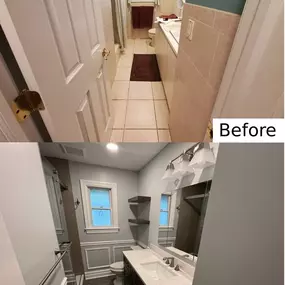 Beautiful bathroom remodel featuring a stylish navy vanity, new flooring, and updated fixtures. Selective Remodeling makes bathroom upgrades simple and stress-free.
