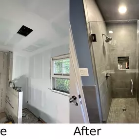 Complete bathroom transformation — upgraded shower tile, new lighting, and a modern glass enclosure. Selective Remodeling delivers high-quality bathroom renovations throughout Long Island.