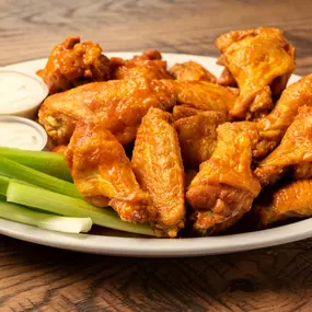 Anchor Bar wings served with original (medium) sauce and celery and bleu cheese.