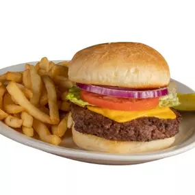 Anchor Bar's American Burger served with french fries and a pickle