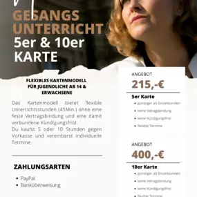 Fünfer- und Zehnerkarte für Gesangsunterricht in Ludwigsburg. Flexible Stunden vereinbaren ohne Vertragsbindung. Melanie Casni -  Vocal Coach - bietet Gesangsunterricht und allgemeine Stimmbildung mit langjähriger Erfahrung.