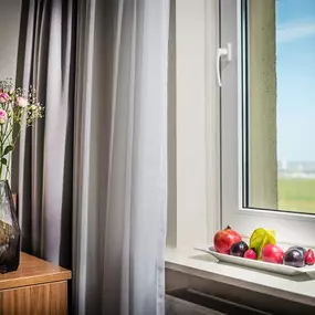 fruit plate and view of a standard double room up 3. floor