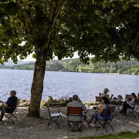 Der Biergarten des Maritim Hotels Titisee lädt mit gemütlichen Sitzplätzen im Freien und rustikalem Charme zum Entspannen ein. Gäste genießen erfrischende Getränke und Snacks in einer angenehmen Umgebung.