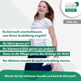 Für Kurzentschlossene: Du bist auf der Suche nach einer Ausbildung zur Pflegefachfrau/ zum Pflegefachmann in einer Branche, die Dir langfristig Perspektiven aufzeigt? In der Du Dich als Mensch entwickeln kannst? Und wo garantiert keine Langeweile aufkommt? Dann bewirb Dich jetzt bei der Alloheim-Unternehmensgruppe für eine sichere Zukunft.

Wir bieten: 
???? Einen sicheren Arbeitsplatz 
???? Vielfältige Entwicklungsmöglichkeiten 
???? Top-Ausbildungsgehalt
✅ Abwechslungsreiche Aufgaben
???? Komp