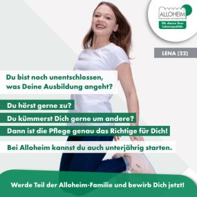 Für Kurzentschlossene: Du bist auf der Suche nach einer Ausbildung zur Pflegefachfrau/ zum Pflegefachmann in einer Branche, die Dir langfristig Perspektiven aufzeigt? In der Du Dich als Mensch entwickeln kannst? Und wo garantiert keine Langeweile aufkommt? Dann bewirb Dich jetzt bei der Alloheim-Unternehmensgruppe für eine sichere Zukunft.

Wir bieten: 
???? Einen sicheren Arbeitsplatz 
???? Vielfältige Entwicklungsmöglichkeiten 
???? Top-Ausbildungsgehalt
✅ Abwechslungsreiche Aufgaben
???? Komp