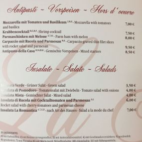 Speisekarte antipasti, insalate - Italienisches Restaurant | La Romantica Ristorante | München