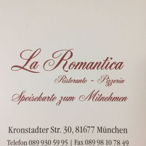 Speisekarte Vorderseite - Italienisches Restaurant | La Romantica Ristorante | München