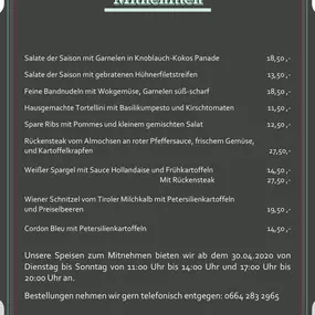 Bankgeheimnis Kundl - Speisekarte