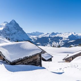 Grindelwald, Schneebedeckte Häuser, weite Sicht, Eiger im Hintergrund