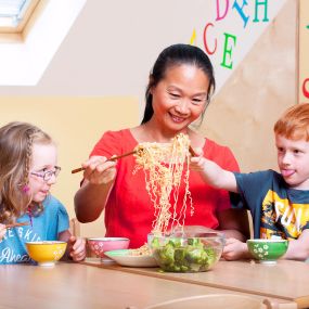 mit Stäbchen essen, asiatische Kultur, außereuropäische Kulturen kennenlernen pme Familienservice Lernwelten Kita Kinderbetreuungseinrichtung Eltern und Kind