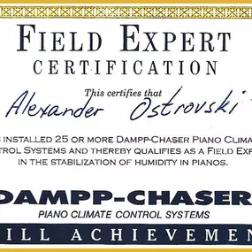 Zertifikat für die Installation von Dampp-Chaser Piano Climate Control Systems. Bestätigung der Fachkompetenz in der Stabilisierung von Luftfeuchtigkeit in Klavieren.