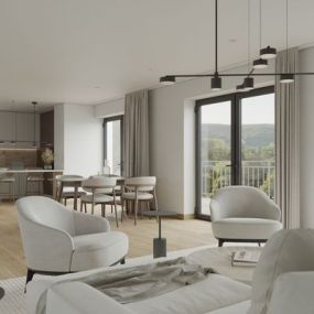 3D Visualisierung Wohnzimmer mit Küche