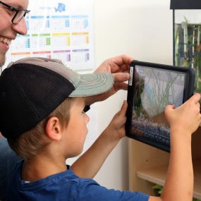 erzieher und kind nehmen ein foto von einem aquarium mit einem tablet-computer auf