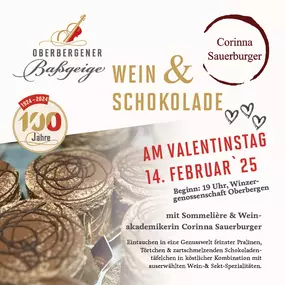 Wein und Schokolade am 14.02.2025, nur mit Voranmeldung.