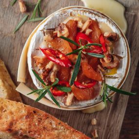 Baked Camembert, apricots, chilli, walnuts, warm sourdough