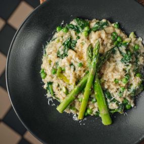 Asparagus, pea & spinach risotto, lemon, parsley