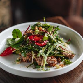 Roasted allotment salad, pumpkin seeds, basil dressing