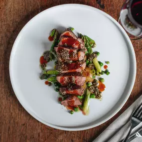South West lamb rump, asparagus & peas, sautéed potatoes, green salsa