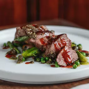 South West lamb rump, asparagus & peas, sautéed potatoes, green salsa