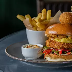 Katsu burger, Asian slaw, skin-on chips (vegan)