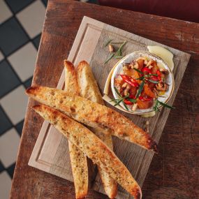 Baked Camembert, apricots, chilli, walnuts, warm sourdough