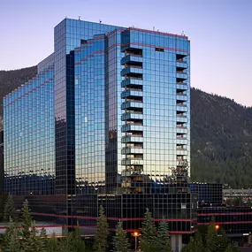 Caesars Republic Lake Tahoe exterior mountain view. Elevate your adventure at Caesars Republic Lake Tahoe, the very first casino hotel built on the South Shore.