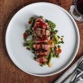 South West lamb rump, asparagus & peas, sautéed potatoes, green salsa