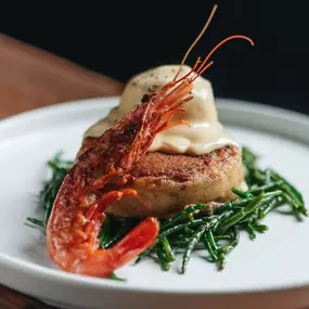 Salmon & smoked cod fishcake, shell-on king prawn, hollandaise, samphire