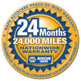The NAPA AutoCare Peace of Mind Warranty covers parts and labor on qualifying repairs and services for 24 months/24,000 miles.
