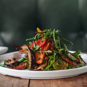 Roasted allotment salad, pumpkin seeds, basil dressing