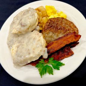 Biscuits and gravy with bacon
