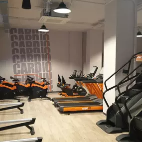 Zona de cardio, con varias máquinas: escaleras, cintas, remo...