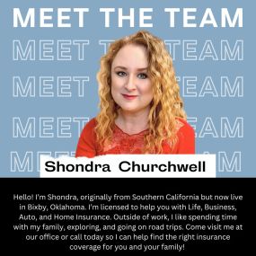 Hello! I’m Shondra, originally from Southern California but now live in Bixby, Oklahoma. I’m licensed to help you with Life, Business, Auto, and Home Insurance. Outside of work, I like spending time with my family, exploring, and going on road trips. Come visit me at our office or call today so I can help find the right insurance coverage for you and your family!