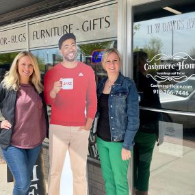 Have you seen Jake? 
We spotted him at Cashmere Home in downtown Bixby! 
In our adventures of “Where’s Jake?” we met Jamie and learned that Cashmere Home is celebrating their 1 year anniversary this month! 
If you haven’t shopped this store yet, you will be delighted with beautiful home furnishings, gifts and dećor.  They try to showcase unique furnishings that you don’t see other places and have inspiring gifts that with make lasting memories when giving or receiving them. 
Jamie enjoys the hom