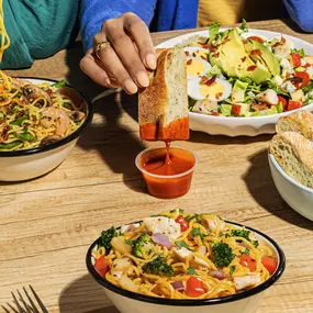 Stir-fry, salad and focaccia