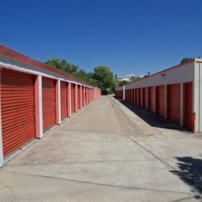 View of wide aisles between storage buildings at Sentry Storage 201 Folsom Dam Rd