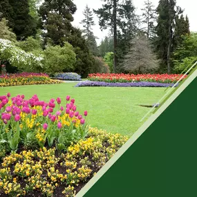 colorful flower beds frame grassy areas of yard