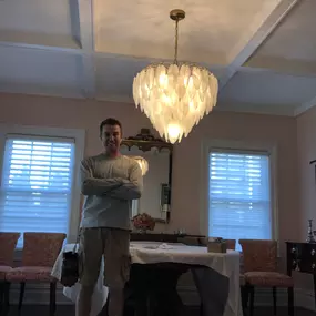 Installed a beautiful Savoy House dining room chandelier. Plus, Ecosmart 60 watt soft white energy star and dimmable LED light bulbs.