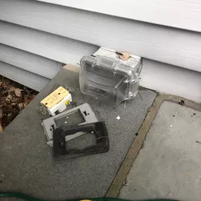 An exterior electrical GFCI device and bubble cover way past their prime. We removed the existing and installed a new Leviton GFCI rated for exterior WR (weather-resistant) use. Plus, a new bubble cover. Electricity was fully restored and one happy client. all in a days electrical work!