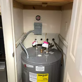 Installation of a new hot water heater required bringing the electrical work up to 2023 NEC (National Electrical Code). Mandatory disconnect and protect the 10 gauge copper wired with armored cable.